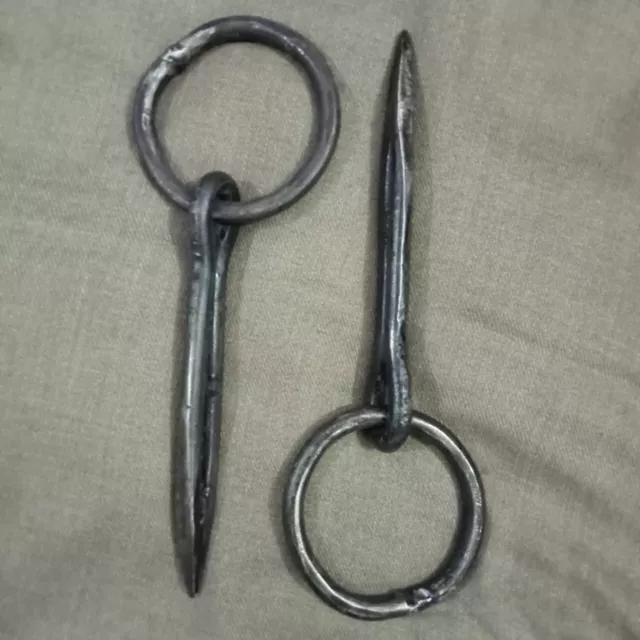 2 Pcs Antique Wrought Iron Tethering Ring on Pin Game Hook Blacksmith Hardware
