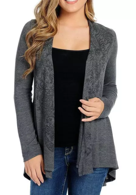 NEW - One World Knit Long Sleeve Printed & Embellished Open Front Cardigan