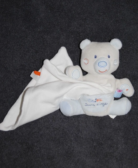 Doudou Ours Bleu Gris SUCRE D'ORGE Cajou Poche Mouchoir Blanc Peluche TTBE
