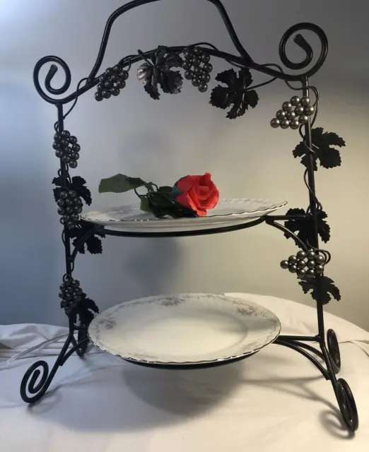 Wrought Iron Plate Rack Two Tier with Metal Bunches of Grapes and Grape Leaves