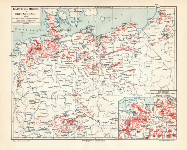 Moore in Deutschland historische Landkarte Lithographie ca. 1910 antike Karte