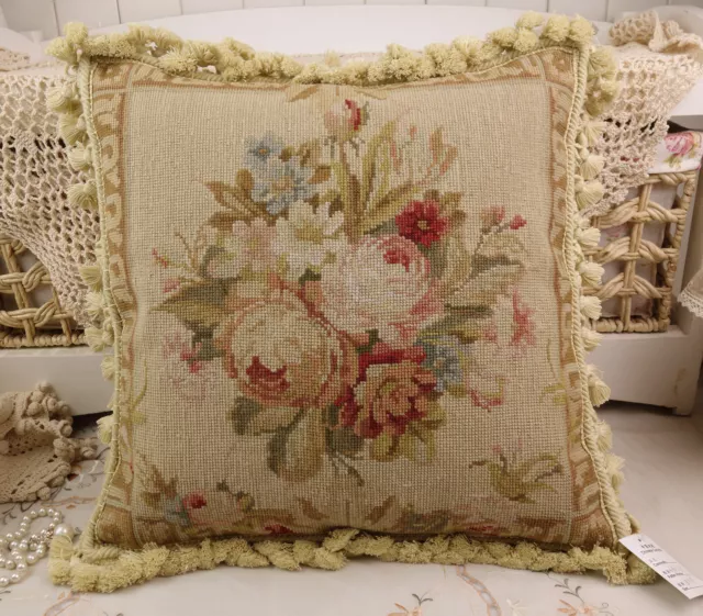 18" Vintage Chic Shabby Floral House Sofa Chair Decorative Needlepoint Pillow