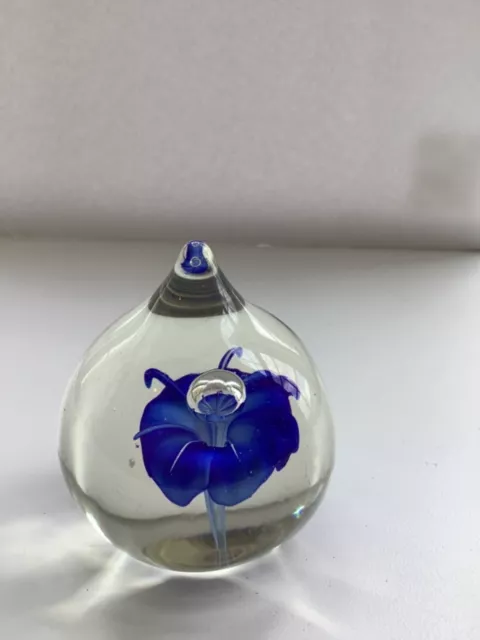 Vintage Art Glass Paperweight Large Blue Flower with Clear Glass Center Bubble