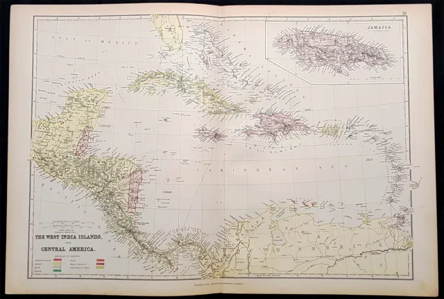 1860 Edward Weller Large Antique Map of West Indies & Central America, Jamaica