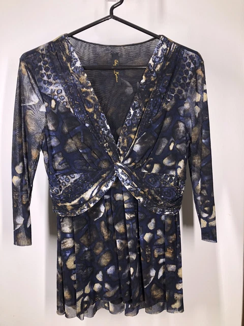 Elana Kattan Top  V-Neck Three Quarter Sleeve Animal Print Size Medium