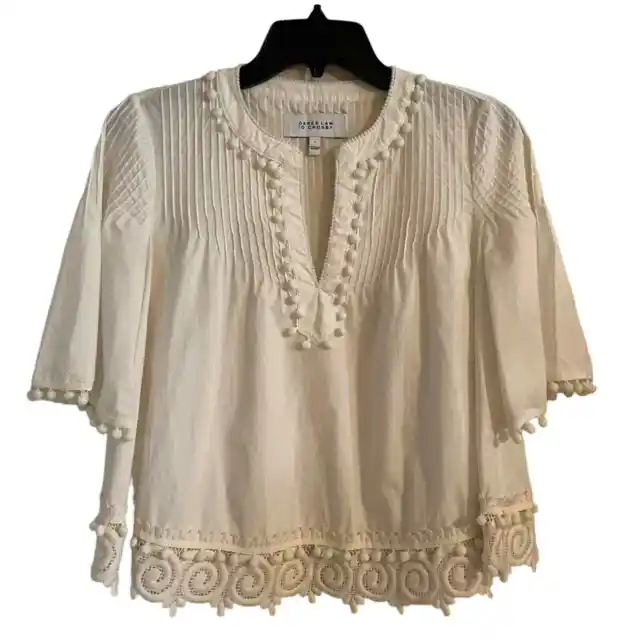 10 Crosby Derek Lam Womens Size 0 Top Cream Lace Crochet Pom Pom Pleated Blouse