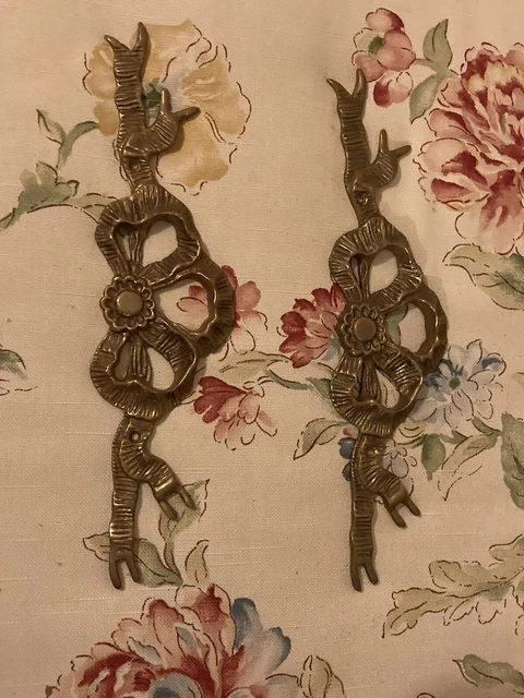 Antique Solid Pair Of  Brass Floral Bow Gatco Plaques 11 x 3