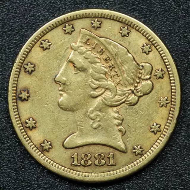 1881 $5 Gold Liberty Head Half Eagle Coin Philadelphia