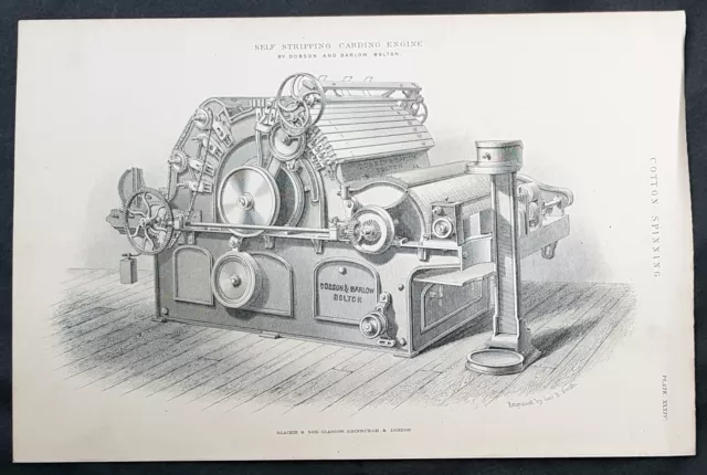 1874 Blackie & Son Antique Print of Self Stripping Carding Machine Cotton Mills