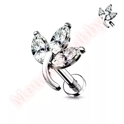 16G CZ Leaf Internally Threaded Labret Monroe Lip Bar Ring Cartilage Ear Stud