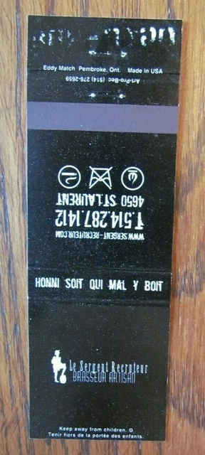 Sergent Recruteur Brewery Brew Pub Matchbook Matchcover (Montreal, Quebec) -E1
