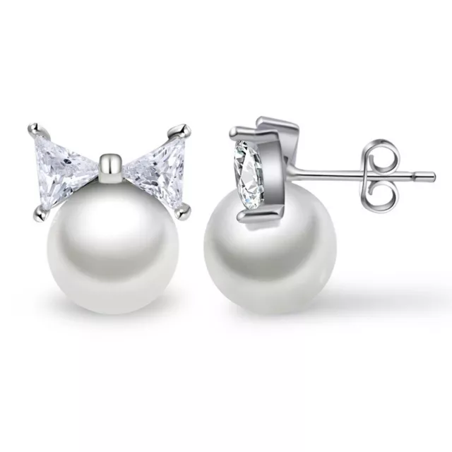 925 Sterling Silver Zircon Pearl Ear Stud Earrings Women Party Jewellery Bow
