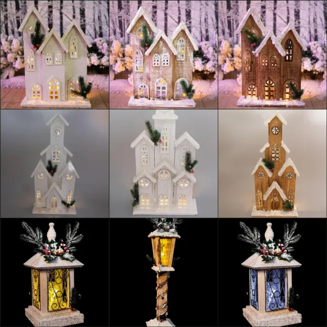 LED Christmas Decoration Wooden Battery Operated Snow Cover Tabletop Xmas Scene