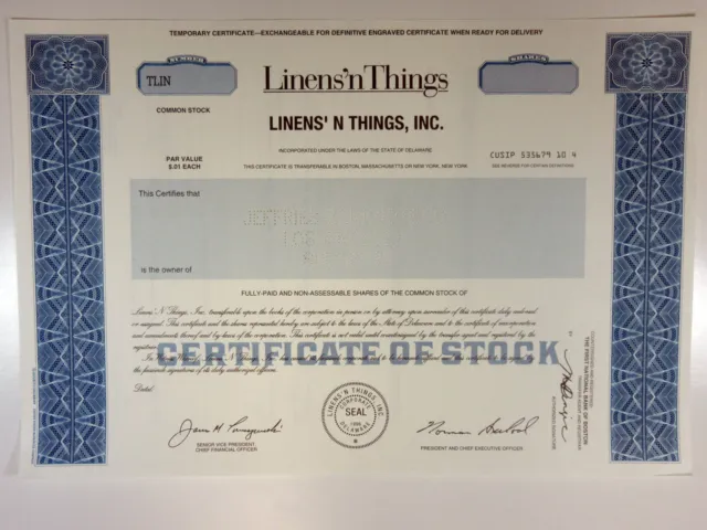 Linens'N Things, Inc., 1996 Odd Shrs Common Stock Specimen Certificate, XF