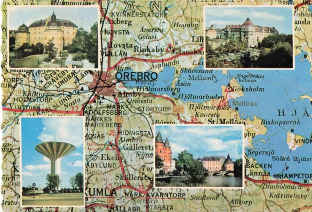 Orebro Sweden, Map & Famous Landmarks Multi View, Vintage Scalloped Postcard