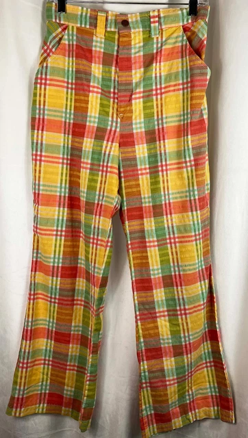 Vintage Funky 70s Madras Plaid Bellbottom Pants High Waist Bell Bottom Flare