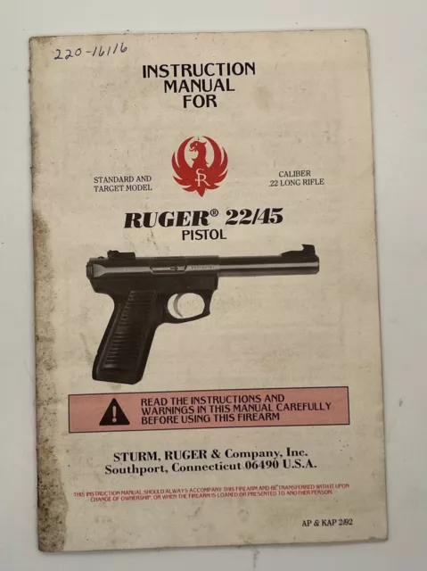 Original INSTRUCTION MANUAL FOR RUGER® 22/45 PISTOL STURM, RUGER & Company 1992