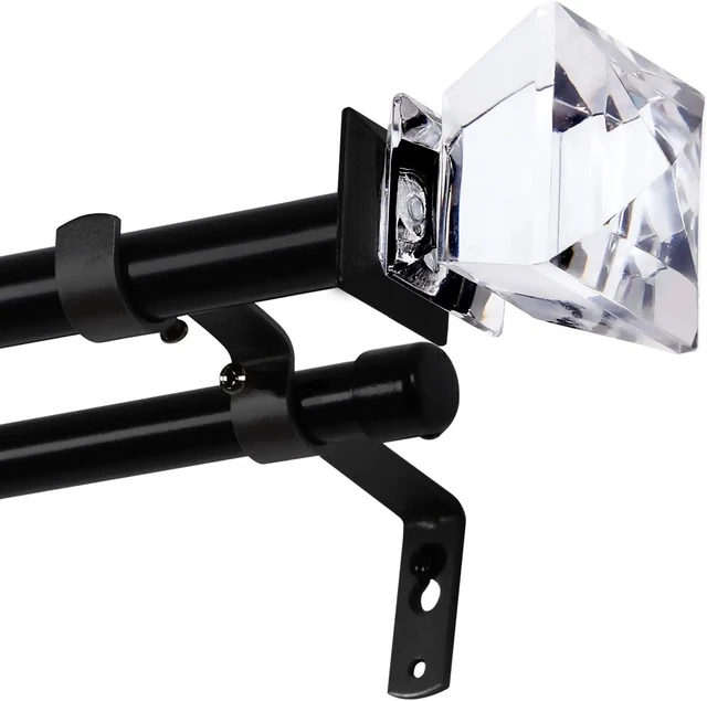 Adjustable Double Drapery Curtain Rod Set 3/4" w/ Crystal Glass Knobs 48 -84"