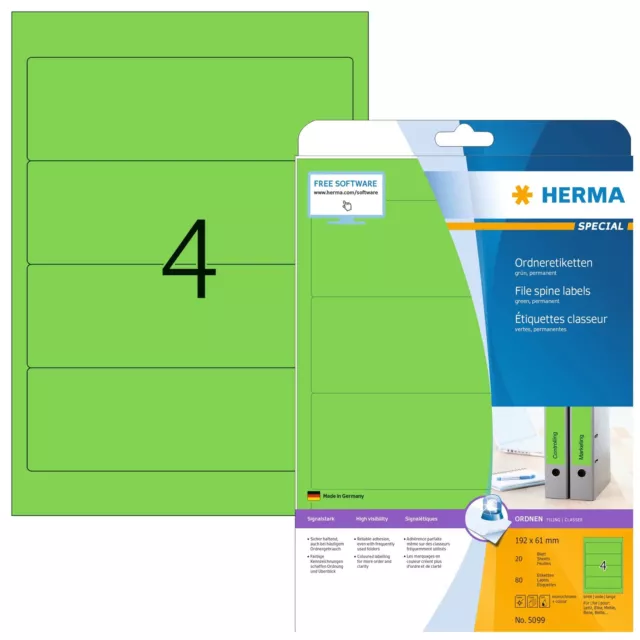 HERMA Self Adhesive Lever Arch File Labels, 4 Labels Per A4 Sheet, 80 Labels For
