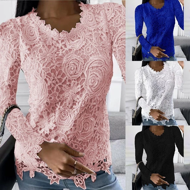 Ogni Giorno Pizzo Camicia da Donna Taglie Forti Solido Colore Tee Tops
