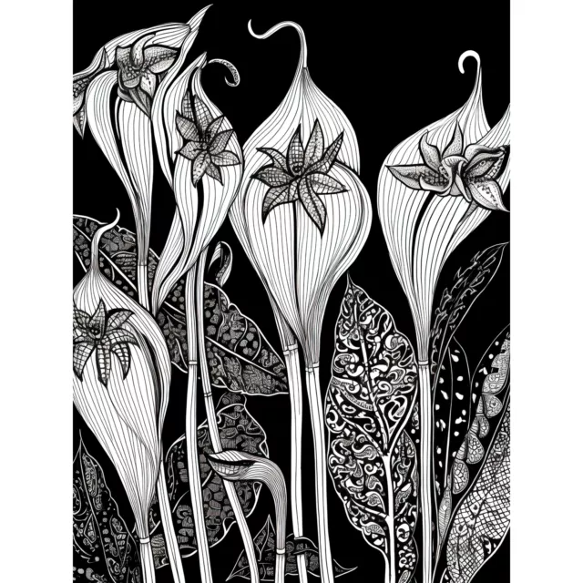 Arisaema Flower Plant Black and White Folk Art Huge Art Print Picture 18X24 In