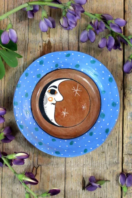 Plate Crescent Moon Face Hand Painted Sm Sz Burnished by Medrano Mexico Folk Art