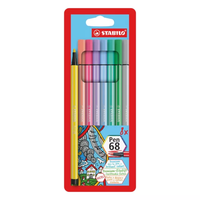 Premium Fibre-Tip Pen - STABILO Pen 68 - Pack of 8 - Pastel Colours Pack of 8 Pa