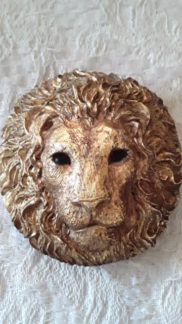 Beautiful Vintage Large Gold Lion Head Belt Buckle Carved Resin 3.25 x 3"