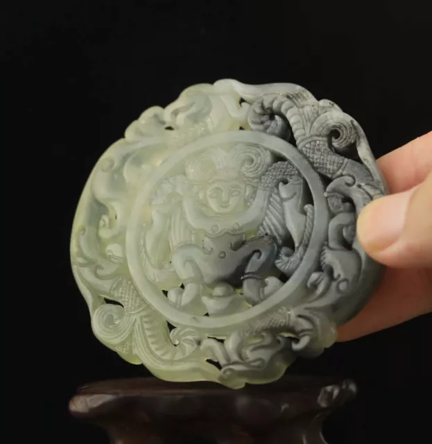 China old natural jade hand-carved statue dragon human pendant