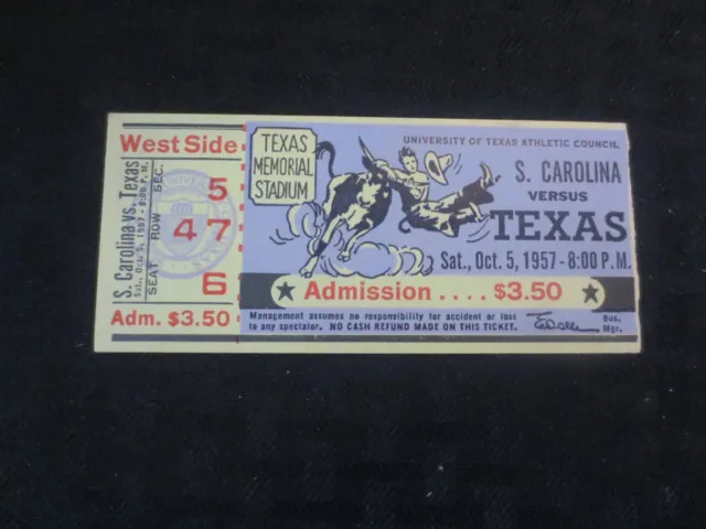 Texas Longhorns Football Ticket  VS South Carolina Oct 5, 1957
