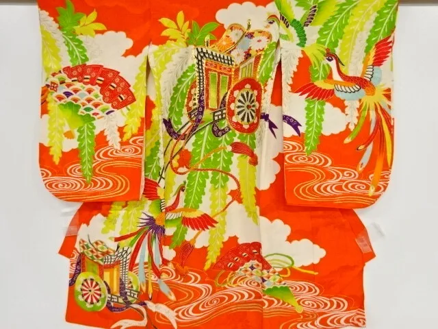 81298# Japanese Kimono / Antique Kimono For Girls / Embroidery / Carriage &