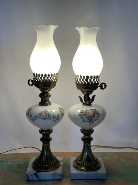 Antique Vtg Electric Oil Lamp PAIR Floral MCM Boudoir Victorian Art Deco Buffet 2