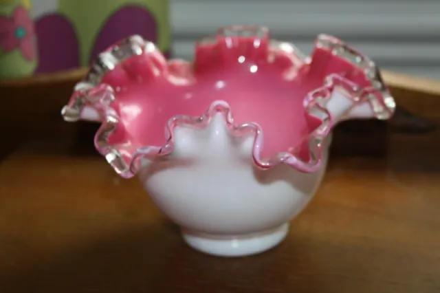 Fenton Peach Pink White Silver Crest Large  Ruffle Glass  candy Bowl Vintage 4"