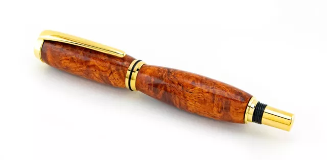 Artisan Handcrafted Navigator Rollerball Pen Red Mallee Burl Wood Gold Accents