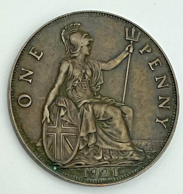 1921 ~ One Penny Georgivs V Dei Gar Britt Omn Rex Fid Ind Imp Large Coin