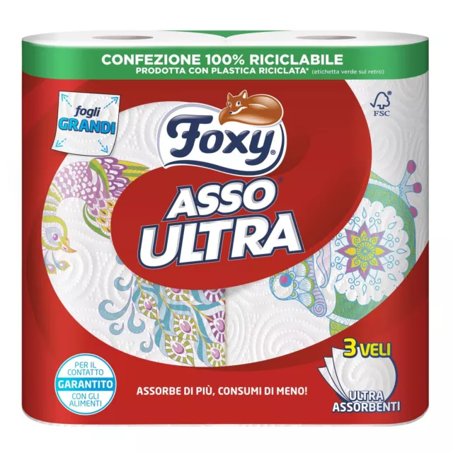 Foxy Asso Ultra Asciugatutto di Carta Decorato 3 Veli, 2 Maxi Rotoli, 26 x 13.5