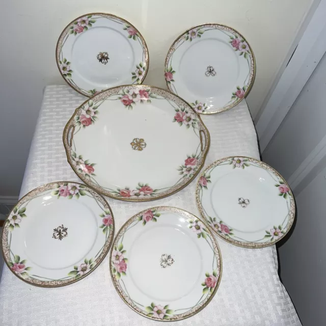 Vintage Nippon Hand Painted Cake Plate W/ 5 small plates Pink Flowers