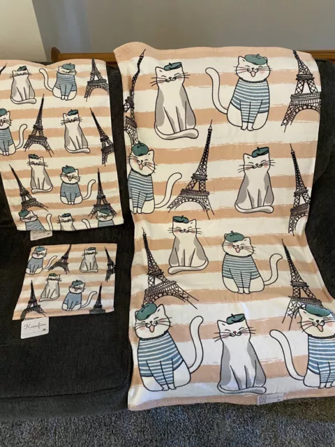 KASSAFINA CATS Paris Eiffel Tower Striped Velour 3-pc Bath, hand & face Towels