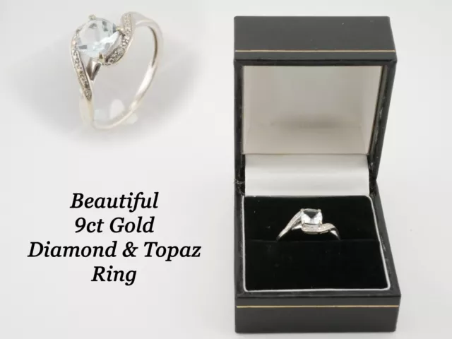Beautiful 9ct White Gold Diamond & Blue Topaz Ring ~ Size M½