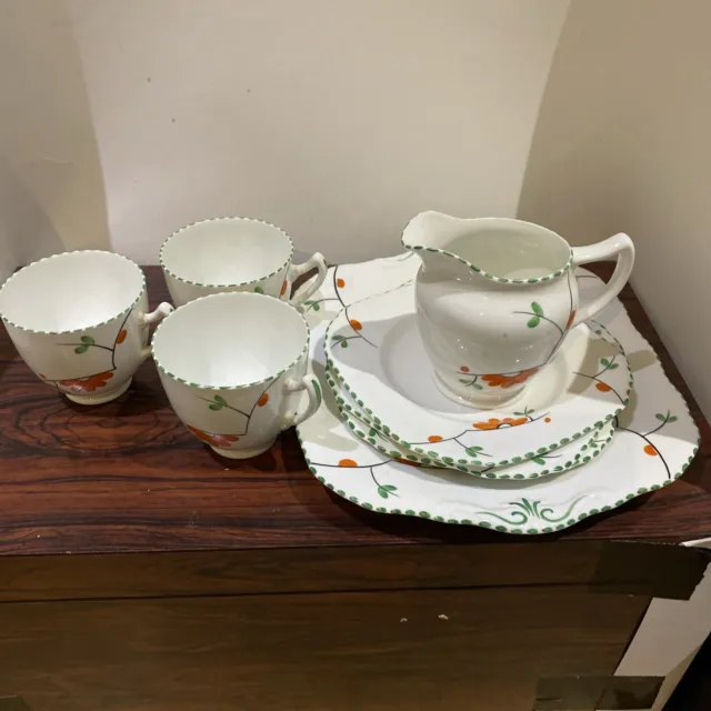 Art Deco Floral Delphine China Tea Set 3 Teacup 3 Saucer & Biscuit Plate And Ju