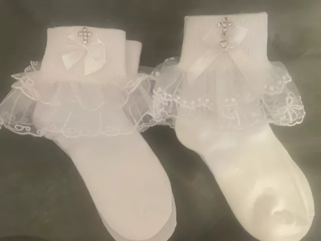 Girls New White First Holy Communion Dress Cross Frilly Lace Ankle Socks 9-12