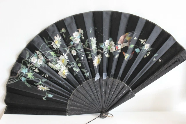 Large ANTIQUE Silk Painted Bird Wood Blackci Fan Ventaglio Fan Restore