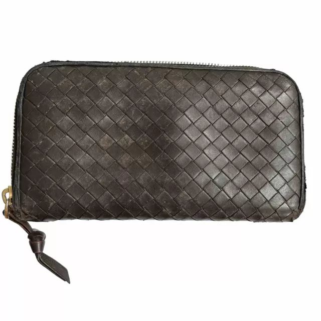 Bottega Veneta Wallet Intrecciato Woven Leather Long Zip Around Brown