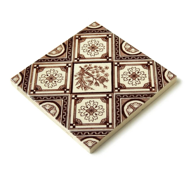 Antique Tile Victorian Aesthetic Floral Jackson Clay Hearth Transfer Brown White 11