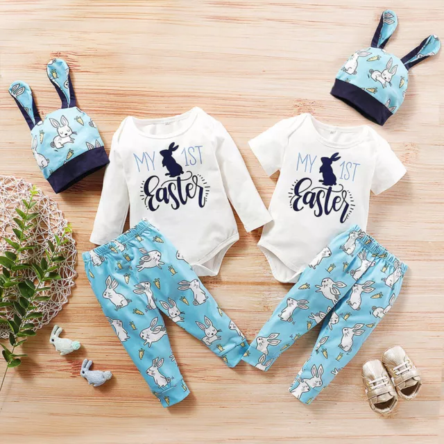 Infant Baby Boys Girls Easter Bunny Printed Romper Bodysuit+Pants Hat Outfits