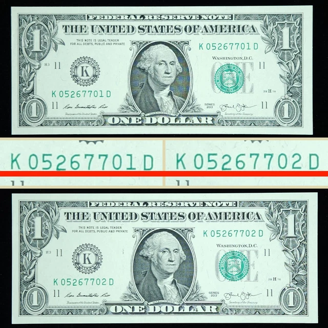 2x 2013 Sequential Misaligned AND Overinked 2's Serial Number CRISP $1 Dollar...