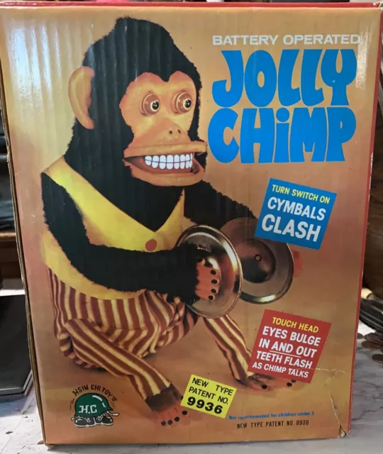 Vtg 1960s BATTERY-OP TOY MUSICAL JOLLY CHIMP  Monkey Hsin Chi Toys W/ BOX