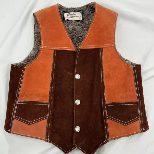 Vintage Kids Leather Handmade Vest Deep Sherpa Liner