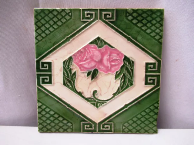 Antique Tile Majolica Art Nouveau Japan Floral Rose Green Geometric Design "701