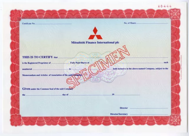 Mitsubishi Finance Intl plc, 1960s Specimen Certificate, XF